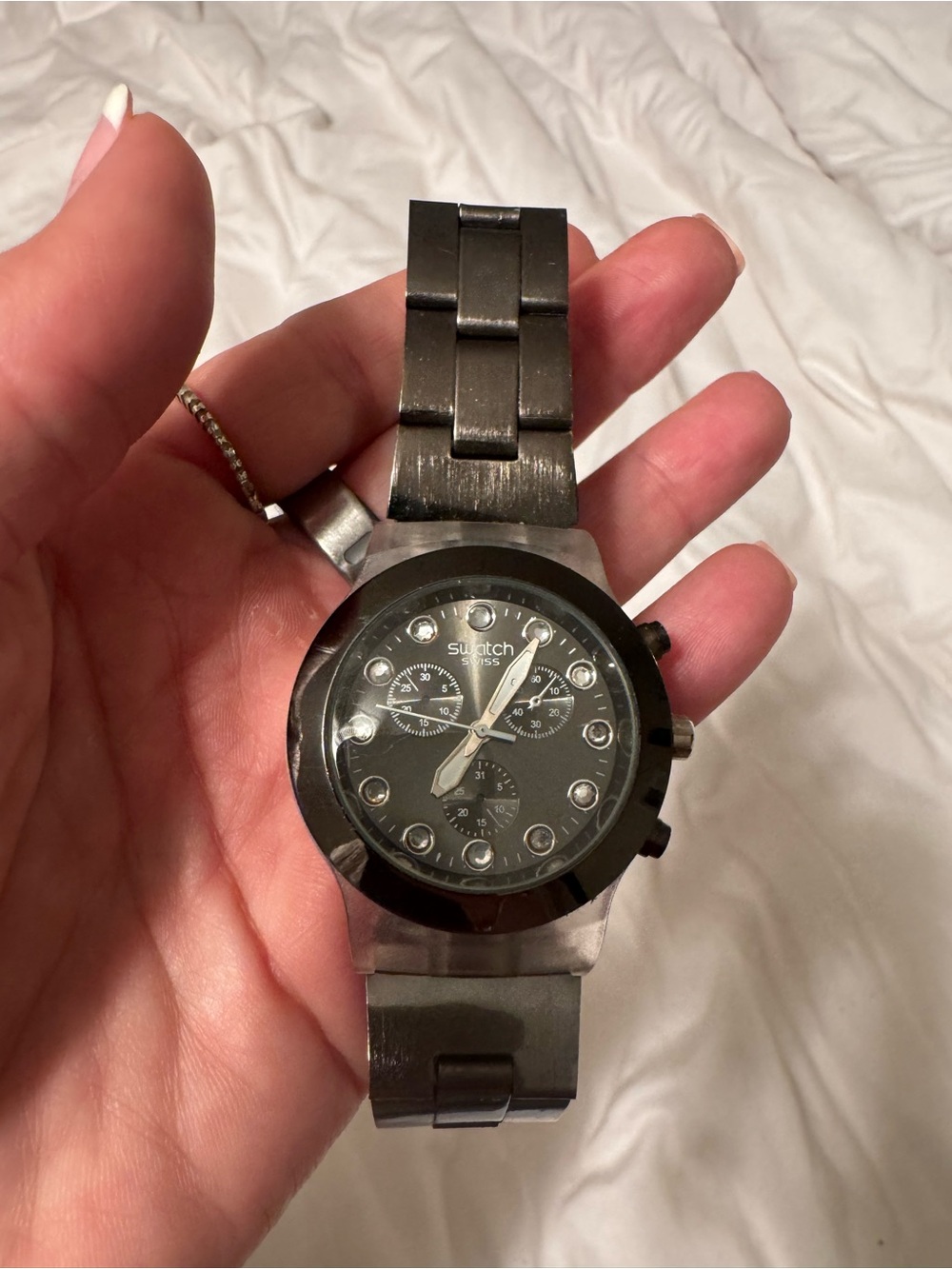Swatch Black Metal Chronograph Watch with Crystal Markers